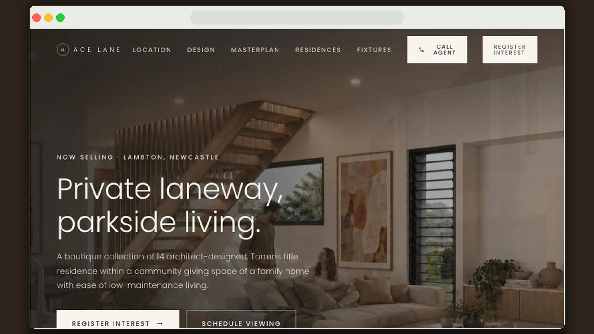 Ace Lane website hero: Private laneway, parkside living in Lambton, Newcastle